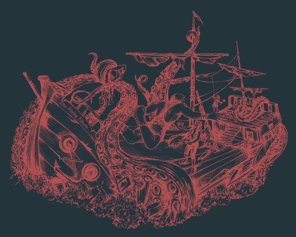 giant kraken attacking pirate ship of pro wrestlers